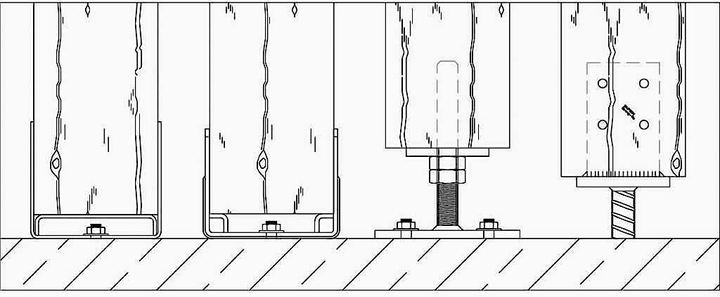 Rys. 1 Podstawy słupa zapewniające dystans między betonowym fundamentem i drewnianym słupem. Stalowe podstawy słupów drewnianych
