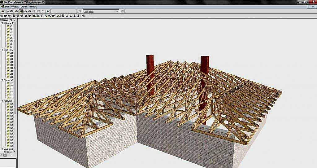 Rys. 2. Widok konstrukcji dachowej w przeglądarce ”RoofCon Viewer”. To darmowe oprogramowanie, do pobrania z sieci pozwala inwestorowi zapoznać się z oferowaną konstrukcją. Ułatwia też pracę cieśli montujących wiązary.