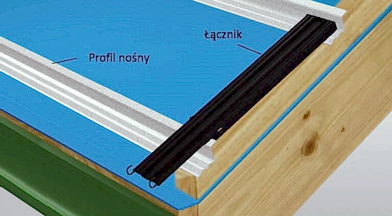 Zaczynamy od tradycyjnej membrany paroprzepuszczalnej zamocowanej kontrłatami do krokwi. Następnie na kontrłatach mocujemy aluminiowe profile nośne, w rozstawie 31 cm. Rozstaw ten jest dopasowany do długości elementów łączących.