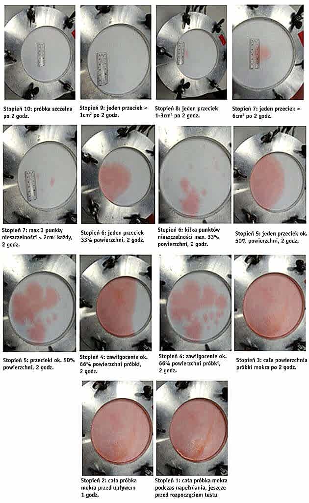 Zdj.1: Próbki po badaniu klasy szczelności zgodnie z EN-13859. Klasa W1 oznacza pełną szczelność membrany pod 20cm kolumną wody działającą 2 godziny – jak membrana w pkt.10. Plamy w punktach 9 do 1 pokazują coraz większy poziom przeciekania próbki.