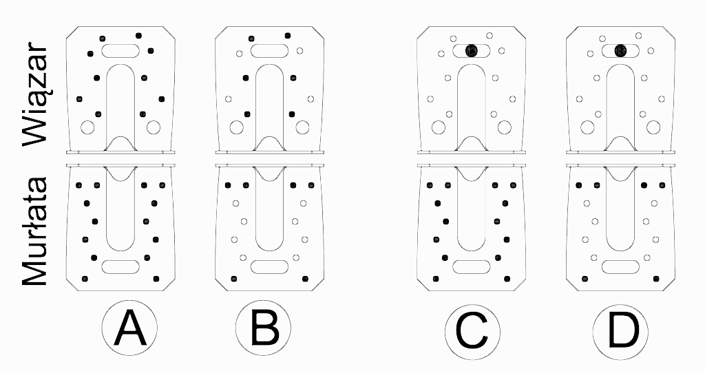 Zdj. 6. Schematy montażu kątownika ACRL do murłaty: A – nieprzesuwny pełny, B – nieprzesuwny częściowy, C – przesuwny pełny, D – przesuwny częściowy.