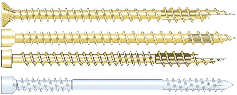 Rys. 1. Wkręty często wykorzystywane przy wzmacnianiu konstrukcji drewnianych, od góry: ESCRFTC, ESCRFTZ, ESCRFT, SWD.